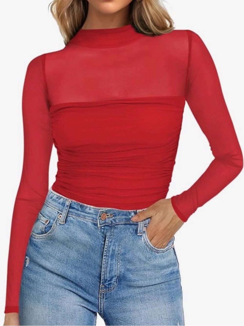 Red Sheer Long-Sleeve Ruched Top - Women